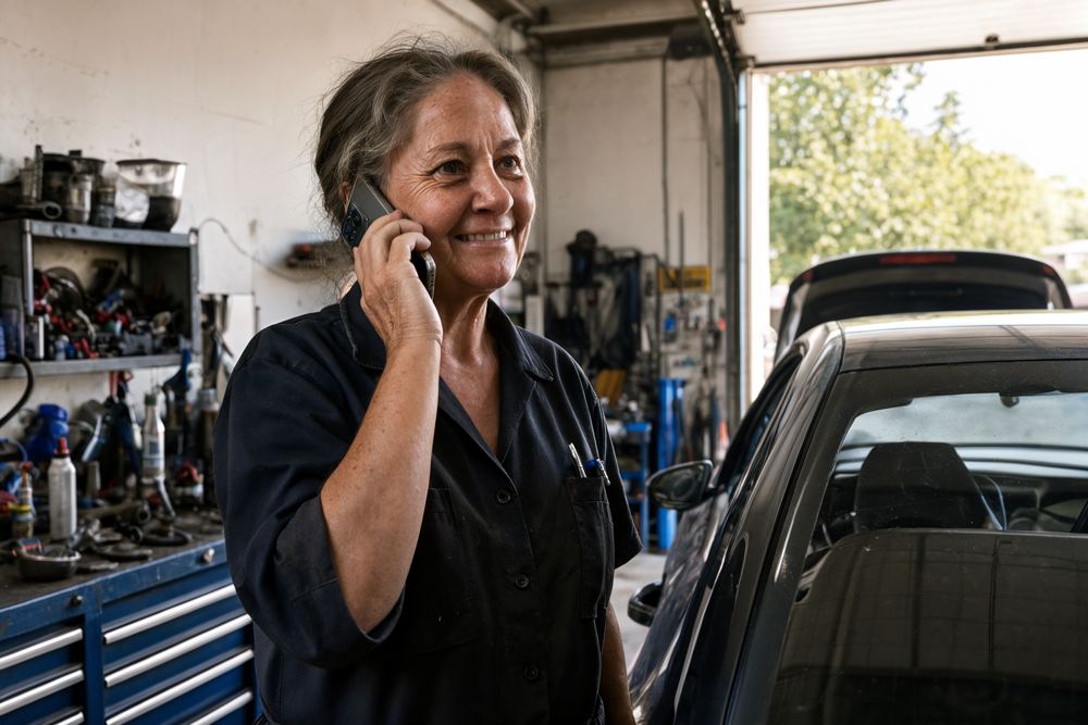 A mechanic on the phone beside a car on a lift