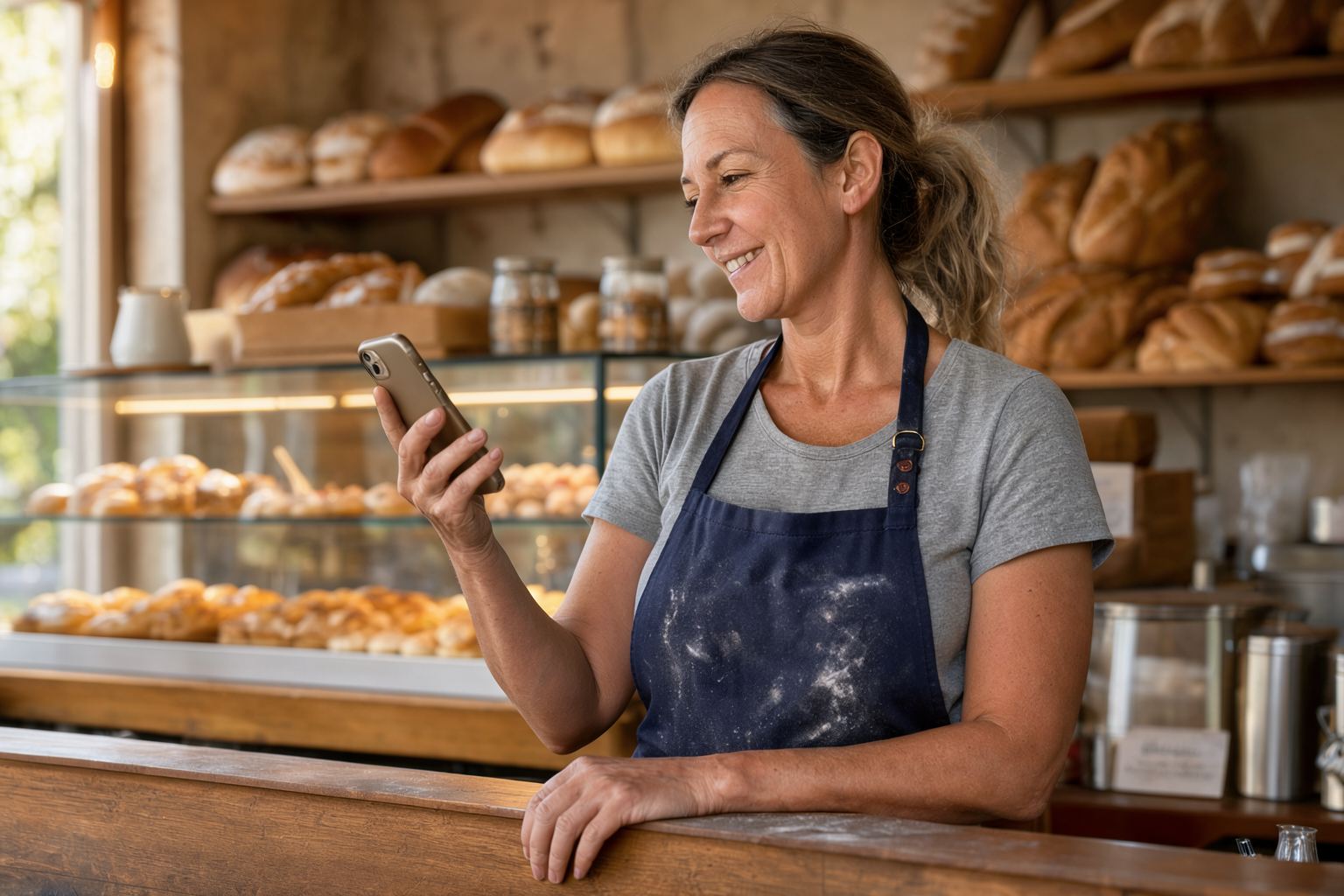 A bakery owner smiling at her phone behind the counter