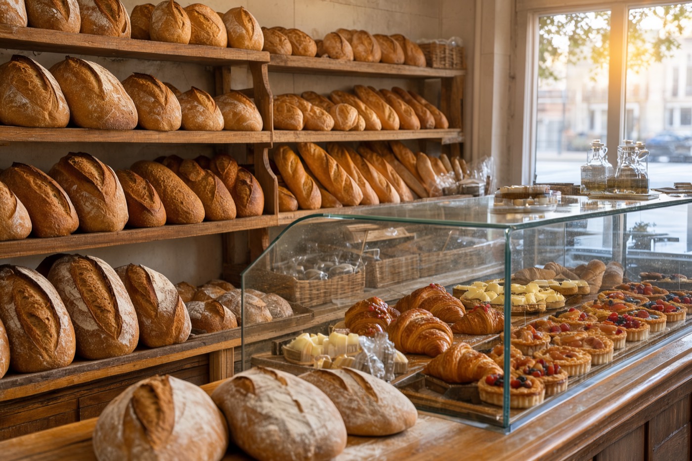 Bread shelves and a pastry case in a neighbourhood bakery