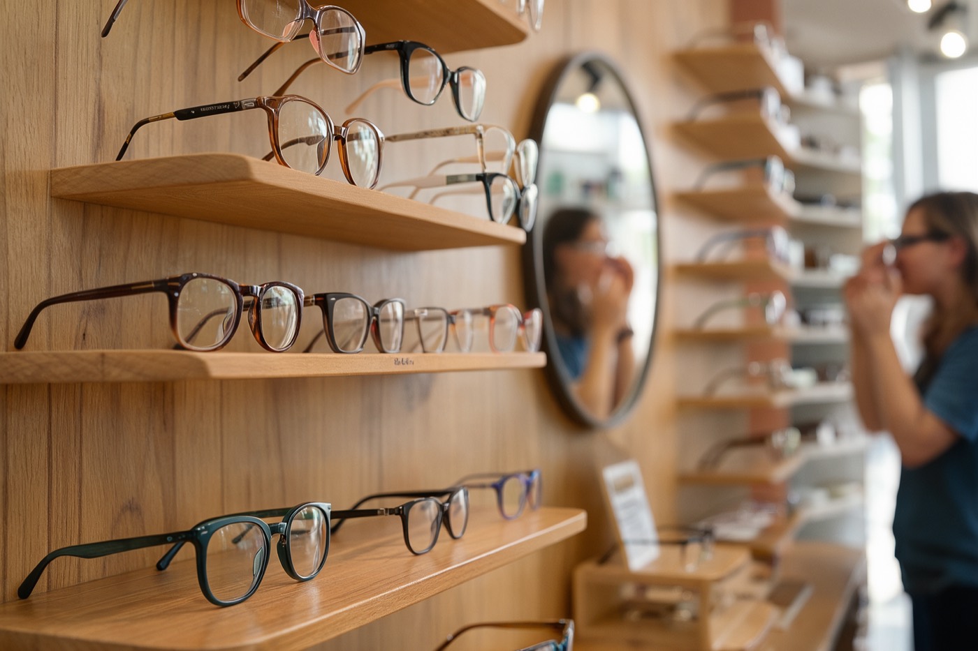 Eyeglass frames on wooden shelves in an optical shop
