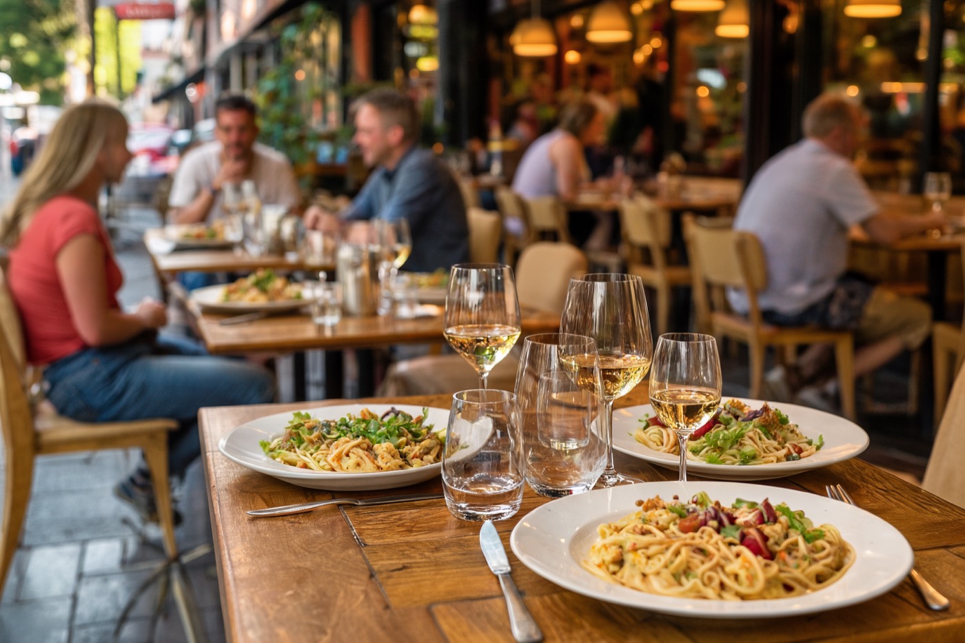 A warm, busy neighbourhood restaurant in the evening