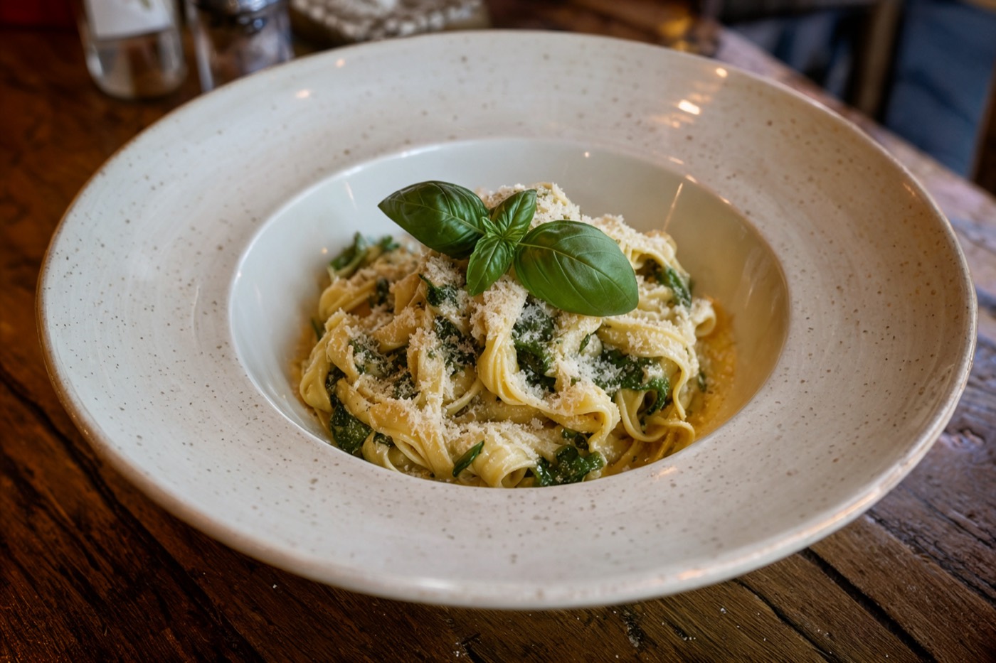 A plated bowl of fresh pasta with basil