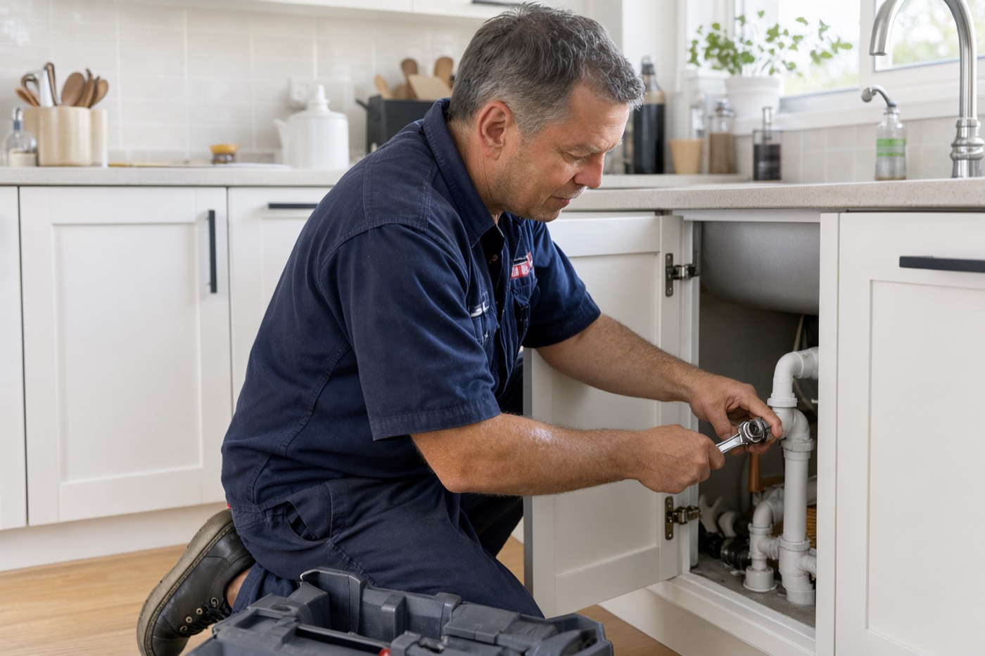 A plumber fixing a pipe under a kitchen sink