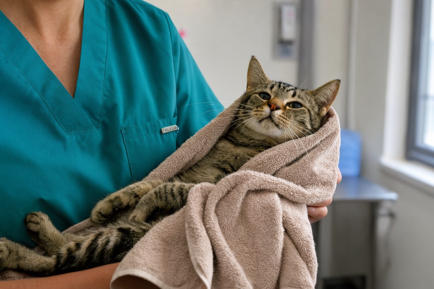 A vet technician holding a relaxed tabby cat