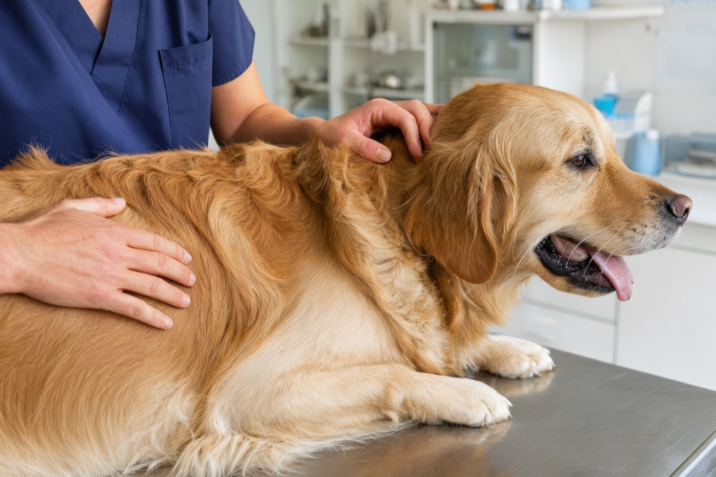 A veterinarian examining a golden retriever