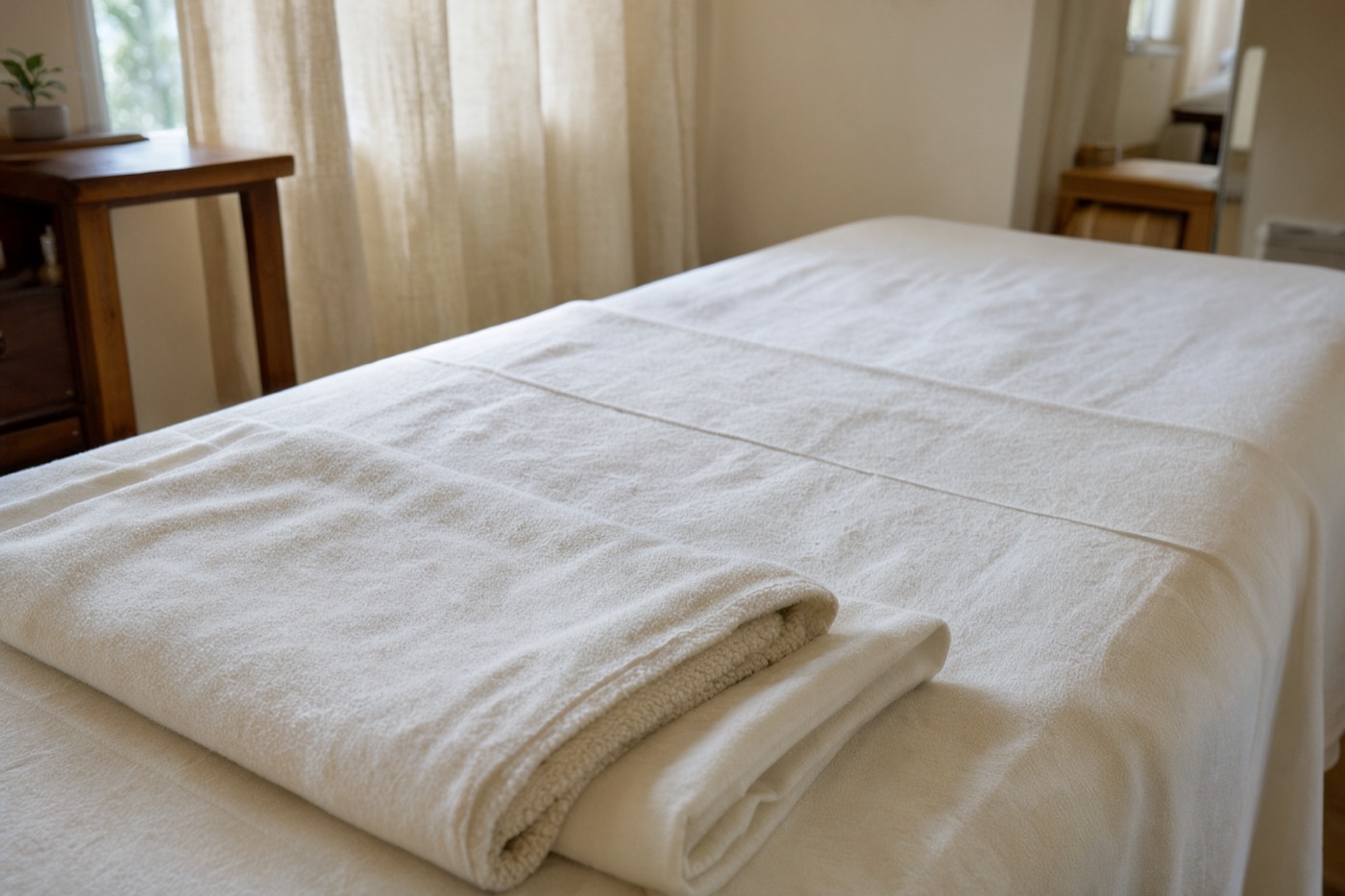 A calm treatment room with a padded table and soft daylight