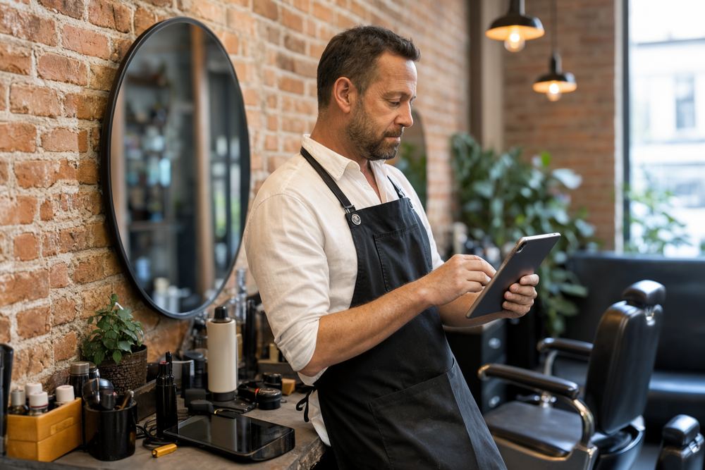 A salon owner checking a tablet at his styling station